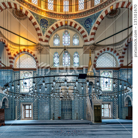 Rustem Pasha Mosque interior, Istanbul, Turkey, featuring intricate Iznik tiles, dome, and Ottoman architecture. Rustem Pasha Mosque interior, Istanbul, Turkey, featuring intricate Iznik tiles, dome, and Ottoman architecture. 135381670