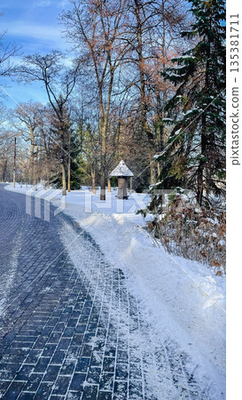 Sunlight hitting a snowy stone path winding through a quiet winter park with tall bare trees 135381711