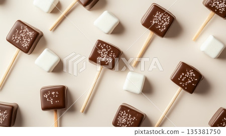 由巧克力塗層的方形糖果和白色棉花糖交替組成的流行圖案。 由巧克力塗層的方形糖果和白色棉花糖交替組成的流行圖案。 135381750