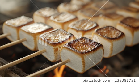 燒烤場景，一串串方形棉花糖在炭火上烤製。 135381751