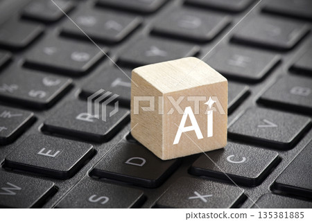Wooden block with artificial intelligence symbol on computer keyboard Wooden block with artificial intelligence symbol on computer keyboard 135381885