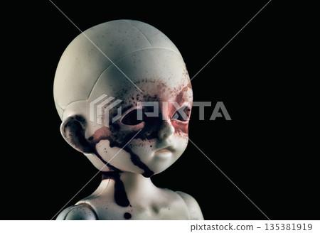 Creepy bloody doll face in the dark Creepy bloody doll face in the dark 135381919