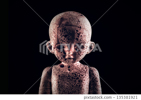 Creepy bloody doll face in the dark Creepy bloody doll face in the dark 135381921