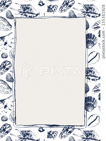 Tropical underwater style frame of seashells and corals collection Isolated on white background. Border for interior design, prints, fabric or background. 135381928