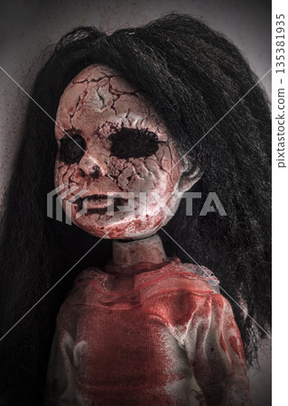 Creepy bloody doll face with long black hair in the dark Creepy bloody doll face with long black hair in the dark 135381935