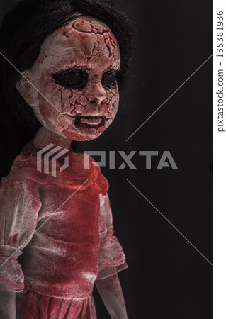 Creepy bloody doll face with long black hair in the dark Creepy bloody doll face with long black hair in the dark 135381936