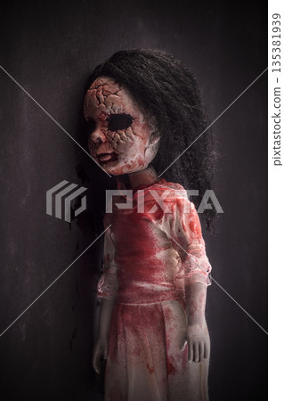 Creepy bloody doll face with long black hair in the dark Creepy bloody doll face with long black hair in the dark 135381939