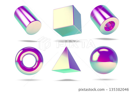 Collection of retro chrome 3D vector shapes with realistic metallic shine and reflections. Primitive silver Y2K objects set 135382046
