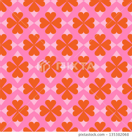 Abstract background seamless pattern with pink hearts tiles with flowers shapes. Flat geometric vector illustration for Valentines day. 135382068