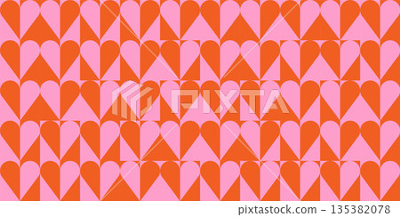 70s 80s retro pink orange geometric hearts halves on checkered flat background. Vector 135382078