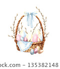 Easter composition wicker basket filled painted eggs, willow branches. Hanging lace napkin, tied delicate blue ribbon. Symbol of bright spring holiday. Hand drawn watercolor isolated illustration 135382148