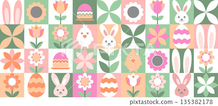 Happy Easter greeting banner with bunnies, chicks, flowers and eggs. Pastel Geometric background. Happy Easter greeting banner with bunnies, chicks, flowers and eggs. Pastel Geometric background. 135382178