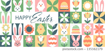 Happy Easter greeting banner with bunnies, chicks, flowers. Colorful Geometric background. Happy Easter greeting banner with bunnies, chicks, flowers. Colorful Geometric background. 135382179