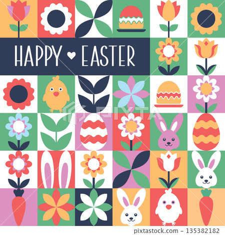 Happy Easter greeting card with bunnies, chicks and flowers. Colorful Geometric background. Happy Easter greeting card with bunnies, chicks and flowers. Colorful Geometric background. 135382182