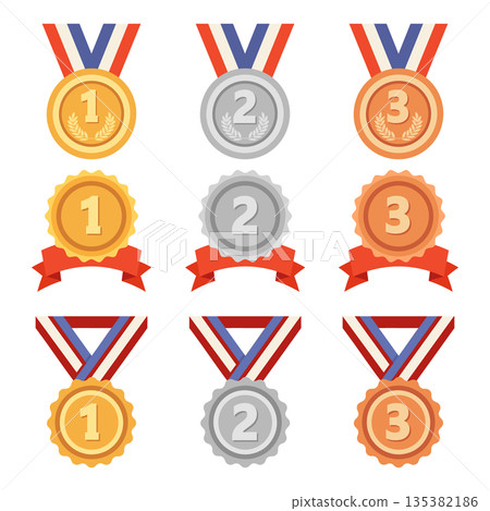 Collection of gold, silver and bronze award medals with ribbons for achievements. Set of award icons. Collection of gold, silver and bronze award medals with ribbons for achievements. Set of award icons. 135382186