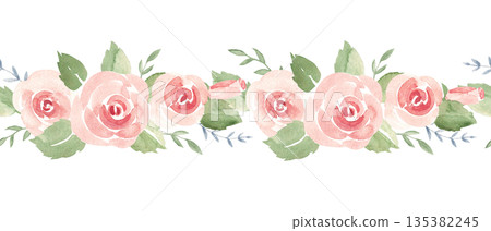 Pink roses horizontal watercolor seamless border pattern. Hand drawn illustration. Can be used for fabric, textile, packaging prints, adhesive tape and paper design. For birthday, wedding and Pink roses horizontal watercolor seamless border pattern. Hand drawn illustration. Can be used for fabric, textile, packaging prints, adhesive tape and paper design. For birthday, wedding and 135382245