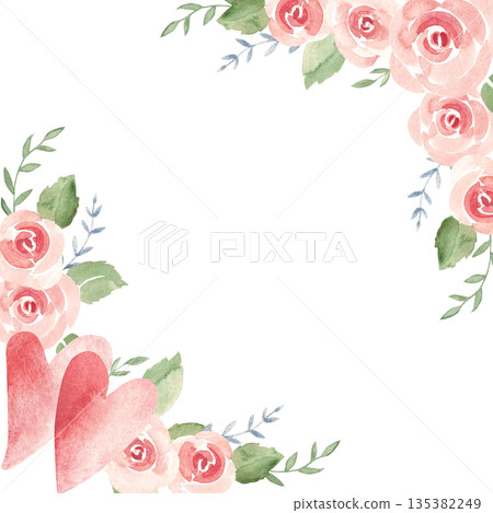 Valentines Day, Wedding Square Frame, Border. Corner Compositions with hearts, pink roses, leaves and branches. Simple painting isolated on a white background. Love and Romantic illustration for cards 135382249