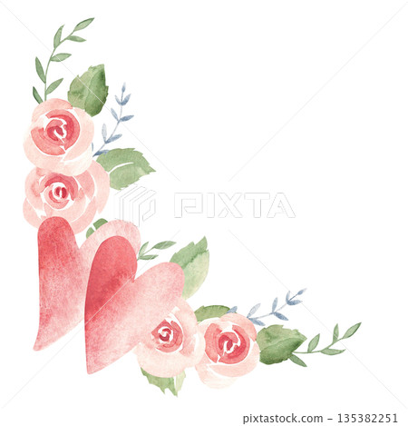 Valentine's day or Wedding floral corner composition from Couple of Hearts, Pink Roses and Branches. Love and Romantic illustration for cards, invitations and prints. 135382251