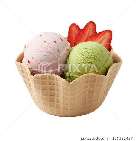 Two scoops of strawberry and matcha green tea ice cream in a waffle bowl, isolated. Perfect summer treat or trendy dessert concept Two scoops of strawberry and matcha green tea ice cream in a waffle bowl, isolated. Perfect summer treat or trendy dessert concept 135382437
