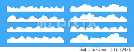 Cloud border. Simple cloudy shapes divider. Flat long section with white puffy cumulus clouds in blue sky. Abstract weather elements banner. Vector cloudscape background 135382456