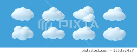 3D cloud. Render sky elements. Cartoon cute bubbled clouds on blue sky. Cute white cumulus, puffy, fluffy cloudy shape. Realistic smoke weather object. Meteorology vector icons 135382457