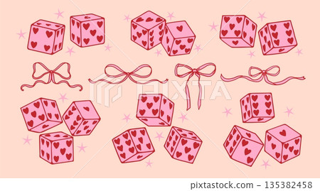 Pink dice with red hearts. Lucky love symbols. Retro aesthetic game cube with different sides. Doodle cute girly coquette Valentines playing cubes with stars. Vector collection 135382458