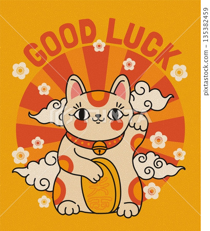 Maneki Neko. Lucky cat. Cartoon fortune Asian animals, cute kitten talisman, Japanese Kawaii amulet, success and prosperity symbol. Good luck concept. Vector greeting banner 135382459