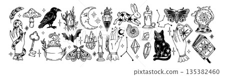 Magic elements. Mystical Halloween sticker. Hand drawn boho esoteric crystals, witch hands, magician book, cat, magical star, female mystical symbols. Vector set 135382460