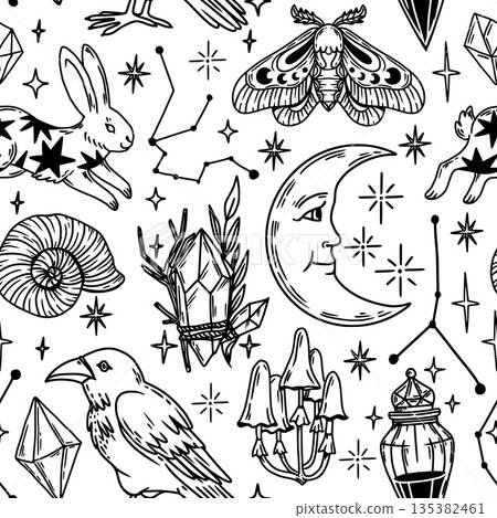 Mystical seamless pattern. Vintage magic background. Hand drawn occult witchcraft elements, gemstones, raven, rabbit, moon, crystals. Halloween esoteric vector print Mystical seamless pattern. Vintage magic background. Hand drawn occult witchcraft elements, gemstones, raven, rabbit, moon, crystals. Halloween esoteric vector print 135382461