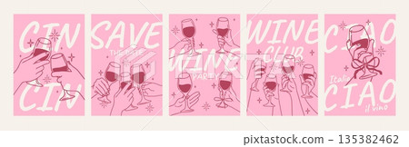 Hand with wine poster. Hands holding glasses with drinks. Hand drawn line chalk people hold wine, champagne, cocktail glass for cards, invitation. Vector set Hand with wine poster. Hands holding glasses with drinks. Hand drawn line chalk people hold wine, champagne, cocktail glass for cards, invitation. Vector set 135382462