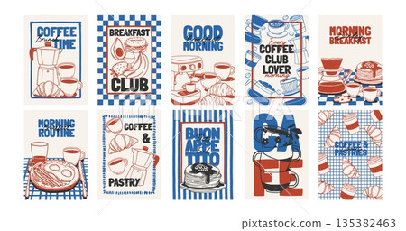Food poster. Coffee and breakfast banner. Vintage sketch food and drink elements for cafe menu. Hand drawn coffee, pastry, morning meal, baking, cups. Vector cards Food poster. Coffee and breakfast banner. Vintage sketch food and drink elements for cafe menu. Hand drawn coffee, pastry, morning meal, baking, cups. Vector cards 135382463