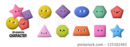 3D geometric characters. Render basic shapes. Educational element with funny faces. Abstract figures, circle, triangle, square, hexagon. Vector emoji set 3D geometric characters. Render basic shapes. Educational element with funny faces. Abstract figures, circle, triangle, square, hexagon. Vector emoji set 135382465