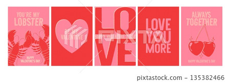 Valentines Day poster. Abstract love banner. Romantic red greeting cards, pink templates with typography, text, hearts, lobsters, cherry. Minimalistic background. Vector set 135382466