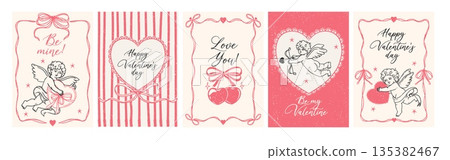 Vintage Valentines Day poster. Romantic love cards. Retro trendy romantic posters with festive frames, cupid, bow, cherry, hearts. Coquette wedding banner. Vector set Vintage Valentines Day poster. Romantic love cards. Retro trendy romantic posters with festive frames, cupid, bow, cherry, hearts. Coquette wedding banner. Vector set 135382467