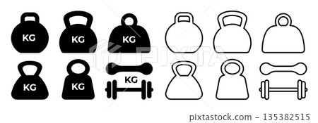 Weight icon. Simple kg mass symbols. Black flat line, silhouette heavy, strength fitness dumbbell, gym kettlebells. Scale power, gram signs, kilogram pictograms. Vector set 135382515