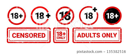 Censored stamp. Grunge red 18 plus label. Classic confidential rubber stamp, warning badge, blocked content icon, blocked content, information control elements. Vectors set Censored stamp. Grunge red 18 plus label. Classic confidential rubber stamp, warning badge, blocked content icon, blocked content, information control elements. Vectors set 135382516