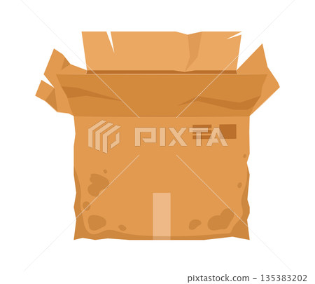 Broken and wet cardboard box. Crumpled carton shipping container, damaged delivery box flat vector illustration. Cartoon torn box on white background Broken and wet cardboard box. Crumpled carton shipping container, damaged delivery box flat vector illustration. Cartoon torn box on white background 135383202