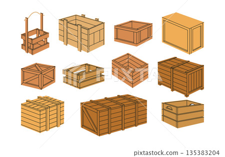 Cartoon wooden boxes. Cargo shipping wooden containers, stacked delivery boxes flat vector illustration set. Wood delivery boxes on white Cartoon wooden boxes. Cargo shipping wooden containers, stacked delivery boxes flat vector illustration set. Wood delivery boxes on white 135383204
