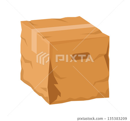 Damaged delivery box. Broken and wet carton shipping container flat vector illustration. Crumpled torn cardboard box on white background Damaged delivery box. Broken and wet carton shipping container flat vector illustration. Crumpled torn cardboard box on white background 135383209