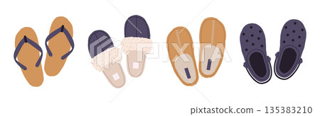 Domestic slippers. Fluffy slippers, flip flops and male and female textile house shoes, home soft and comfy footwear flat vector illustration set. Indoor footwear collection on white 135383210
