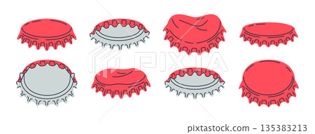 Metallic bottle caps. Beer, soda or lemonade bottle caps, metallic lid for glass containers with refreshing beverages flat vector illustration set. Cartoon glassware metal caps 135383213