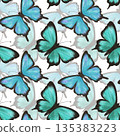 Delicate blue and green butterflies on a white background, seamless pattern 135383223