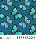 Delicate blue and green butterflies on a white background, seamless pattern 135383224
