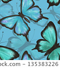 Delicate blue and green butterflies on a white background, seamless pattern 135383226