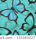 Delicate blue and green butterflies on a green background, seamless pattern 135383227