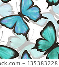 Delicate blue and green butterflies on a white background, seamless pattern 135383228