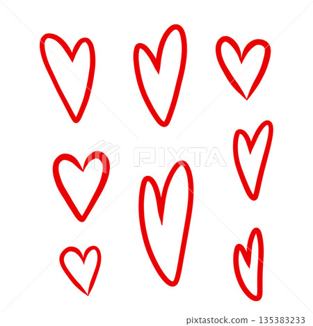Set of red hearts in different pose. Collection of heart illustration with doodle style. 135383233