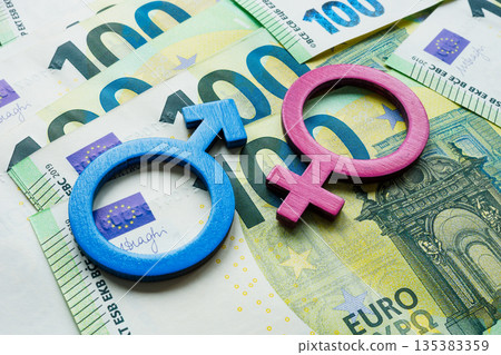Gender equality symbols on euro banknotes. Equal pay and financial inclusion. Gender equality symbols on euro banknotes. Equal pay and financial inclusion. 135383359