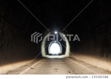 Dark concrete tunnel with arched walls leading toward a bright exit 135383386