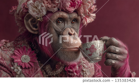 A magenta-furred chimp with a floral crown enjoys tea time elegantly 135383426
